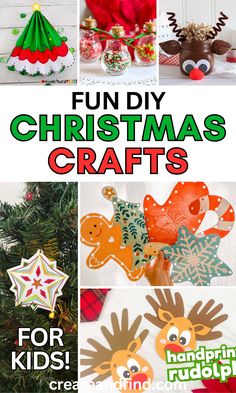 Collage of Christmas crafts for kids. Dollar Store Christmas Crafts For Kids, Christmas Crafts For Kids Handprint, Fun Diy Christmas Crafts, Kids Handprint Art, Diy Christmas Crafts For Kids, Easy Diy Christmas Crafts, Christmas Crafts Diy Kids, Kids Christmas Crafts Easy