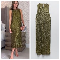 Zara Sequin Knit Midi Dress In Olive Green New With Tags Size S Stretchy Sequin Over Knit Lining Pull Over Fully Lined Viscose/Polyamide Approx. 44" Length Sleeveless Zara Maxi Dress For Fall, Zara Sequined Midi Dress For Spring, Zara Stretch Midi Dress For Party, Sequin Knit, Strappy Midi Dress, Scuba Dress, Olive Green Color, Midi Shirt Dress, Tennis Dress