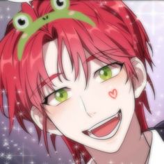 an anime character with red hair and green eyes