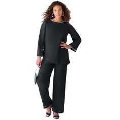 Meet the pantsuit: a different take on a classic RSVP outfit. Sheer sleeves and pearl trim accent add just the right hint of dressy you need. Pair it with pumps for work and sleek sandals for an evening event. Versatile Outfits, Ladies Of London, Plus Size Pants, Swimsuits For All, Floral Pants, Dress Suits, Bottom Clothes, Pant Set, Sheer Sleeves