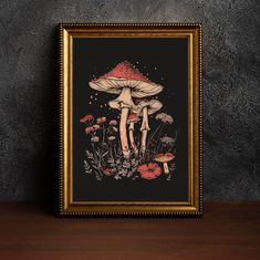 a painting on a wall with mushrooms and flowers in the foreground, against a black background