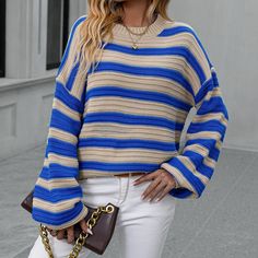 Look beautiful and comfy in the Electra Knitted Sweater! This stripey number is crafted from jersey fabric with a loose fit, long top length, and crew neck, so you can be sure to look stylish and keep cozy at the same time. The long sleeves are made from acrylic so you don't have to worry about cold nights! Get your stripes on and stay warm in Electra! Specs: Material: Acrylic Casual Chunky Knit Stretch Top, Casual Stretch Chunky Knit Sweater, Oversized Knit Top With Ribbed Cuffs And Crew Neck, Oversized Crew Neck Knit Top With Ribbed Cuffs, Oversized Textured Knit Crew Neck Top, Oversized Textured Knit Top With Crew Neck, Casual Chunky Knit Long Sleeve Top, Oversized Striped Soft Knit Top, Oversized Comfortable Knit Sweater