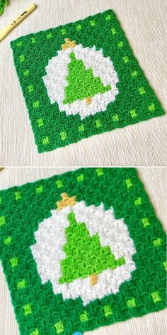 crocheted christmas tree placemats on a table with green and white squares