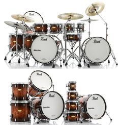 a set of drums and cymbals are shown in three different positions, including one with