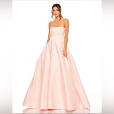 Mac Duggal 20457 Embellished Neckline Strapless Dress Pink Size 8 Mac Duggal 20457 Blush Prom Gown Features An A-Line Silhouette With A Strapless Straight Neckline, Accented With Tonal Beads And A Pleated Asymmetric Band. This Pretty Ballgown Is Completed With A Pleated Skirt, Mid-Rise Back And Sweep Train. After The Lining There Are 2 Layers Of Tulle, Then The Final Layer Of Tulle Attached To Dress With A Horse Hem To Keep Its Shape. A True Princess Gown. (See Pictures For Reference) Always Ope Matric Dance Dress, Horsehair Hem, Mac Duggal Prom, Strapless Ball Gown, Weddings Dress, Light Blue Prom Dress, Wedding Dress Bridesmaid, Satin Ball Gown, Satin Prom Dresses