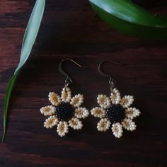 Handmade Adjustable Black Flower Earrings, Handmade Cream Flower Earrings, Handmade Cream Flower Earrings For Gift, Handmade Cream Beaded Earrings Gift, 3d Miniature, Cosmos Flowers, Artist Gifts, Hand Beading, Flower Earrings