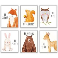 four different animals with the words be curious, be strong, be silly and be clever