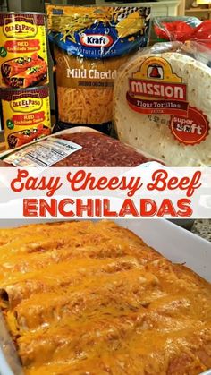 an easy cheesy beef enchiladas recipe in a casserole dish