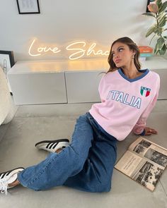 Shop the full look and all new in fall styles at edikted.com! Pink Long Sleeve Sweatshirt With Embroidery, Oversized Pink Cozy Sweatshirt, Pink Embroidered Relaxed Fit Sweatshirt, Oversized Pink Leisure Sweatshirt, Oversized Soft-washed Pink Sweatshirt, Fall Outfits For School, Casual School Outfits, Full Look, School Fits