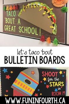 the bulletin board is decorated with colorful paper decorations