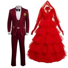 a red tuxedo suit and dress are on display