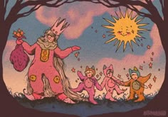 a group of children dressed in costumes standing under a tree with the sun above them