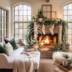 a living room decorated for christmas with stockings and wreaths on the fireplace mantel