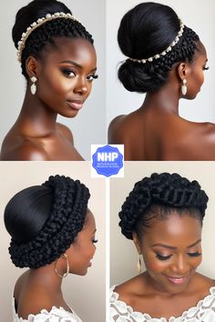 three different pictures of a woman with braids and pearls in her hair, one is wearing