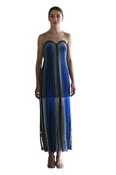 Blue cupro crepe maxi dress with stripe print and multi color fringe detailing. - Aza Fashions Blue Fitted Dress With Tassels, Fitted Blue Dress With Tassels, Multicolor Fringe Beach Dress, Beach Midi Dress With Fringe Detail, Fringe Floor-length Maxi Dress, Blue Sleeveless Fringe Dress, Casual V-neck Dress With Fringe, Crepe Maxi Dress, Fringe Dress