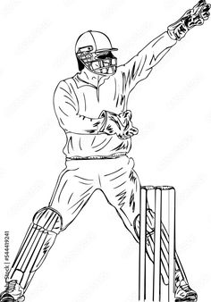 a black and white drawing of a cricket player