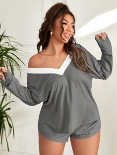 Dark Grey Casual  Long Sleeve  Colorblock Short Sets Embellished Medium Stretch  Women Plus Sleep & Lounge Cute Lounge Outfits Plus Size, Lounge Outfit Plus Size, Women Nightwear Outfit, Spring Loungewear, Women Nightwear Dresses, Cute Lounge Outfits, Nightwear Outfits, Tee Shorts, Cute Pajama Sets