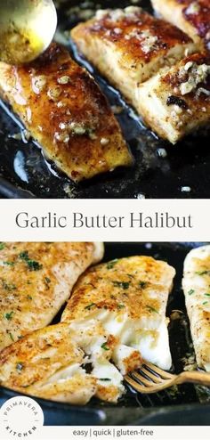 garlic butter halibut is cooking in a skillet and then being cooked with a spatula