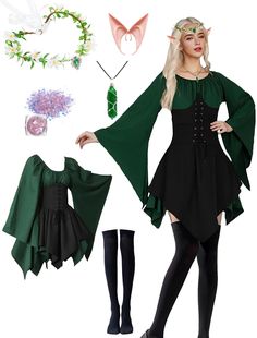 PRICES MAY VARY. Medieval Renaissance Elf Costume Set: You will receive a medieval dress for women, a pair of elf latex ears, a stunning flower crown, a atural crystal point necklace, a pair of black stockings, and a box of pink sequins, for all your costume needs. This elf costume set gives you everything you need to create a truly authentic and stunning look Traditional Irish Dress for Women: This traditional Halloween medieval Irish fairy dress has an overall retro elegance, with loose sleeve Costume With Green Dress, Traditional Irish Dress, Dark Fairy Cosplay, Women Fairy Costume, Simple Fairy Makeup, Dark Elf Costume, Elf Halloween Costume, Rennaisance Faire, Elf Fashion