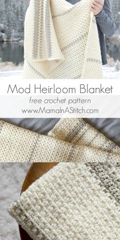 a woman holding up a white crocheted blanket with text that reads, mod heirom blanket free crochet pattern