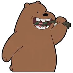 a cartoon bear holding a toothbrush in its mouth and brushing it's teeth