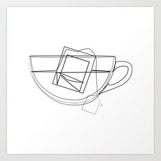 a black and white drawing of a coffee cup with squares on the bottom, in front of it