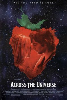 an advertisement for the movie across the universe with two people kissing in front of them