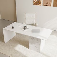 an office desk with a white chair next to it on a rug in front of a wall