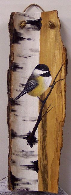 a painting of a bird perched on a birch tree