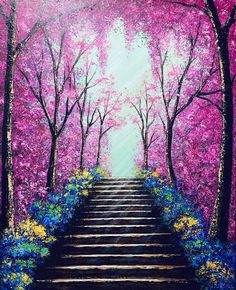 an oil painting of stairs leading up to pink trees