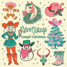 an old - fashioned christmas card features cowboy and cowgirl characters