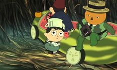 an animated image of two people riding on top of a green car in the woods