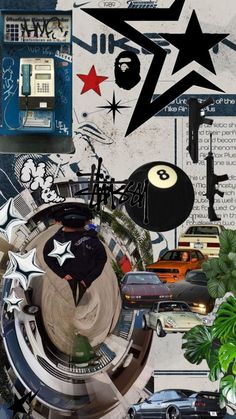 a collage of various objects including a phone, car, and other things in the background