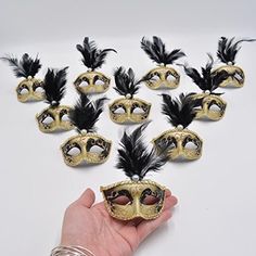 a hand is holding a mask with black feathers