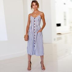 Women's Spring Summer Casual Spaghetti Strap Striped Button Down Swing Midi Dress with Pockets Material: Polyester Features: Sleeveless, Pockets, Spaghetti Straps, Midi dress, Button down, A-lined, Striped, Fit & flare. Perfect for spring Summer Occasions, Easter, tea pool party, Shopping, beach, 4th of July, Casual wear etc. Casual Suspender Dress For Beach, Casual Suspender Dress For Vacation, Summer Sundress With Spaghetti Straps And Buttons, Sleeveless Beach Sundress With Button Closure, Casual Sundress With Spaghetti Straps And Pockets, Casual Sundress With Spaghetti Straps And Buttons, Sundress With Pockets And Spaghetti Straps, Spring Midi Dress With Buttons And Spaghetti Straps, Casual Dresses With Spaghetti Straps And Button Closure