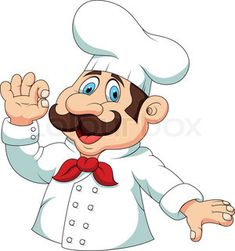 a cartoon chef with a mustache and red bow tie waving at the camera while wearing a white uniform