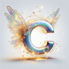 the letter c is made up of shiny gold and blue wings with sparkling glitters around it