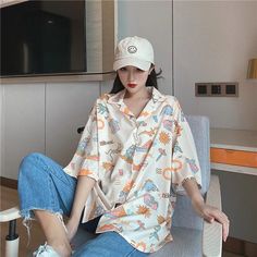 Classic Dinosaurs Printed Loose Shirt – Nada Outfit Land Corean Style, Table Measurements, Jeans Outfits, Loose Shirt, Jean Top, Loose Shirts, Women Shirt, Dinosaur Print, Shirt Sale