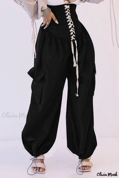 Olivia Mark - Solid Black Casual Streetwear: Bandage Patchwork High Waist Wide Leg Trousers Casual Fashion Women, Street Goth, Ayam Bakar, Fest Outfits, Baggy Style, Casual Clothing, Character Outfits, Green Fashion, Wholesale Fashion