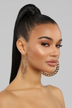 High Ponytail Hairstyles, Black And White Earrings, Sleek Ponytail, Ponytail Styles, High Ponytails, Tiny Stud Earrings, American Beauty, Large Hoop Earrings, Homecoming Hairstyles