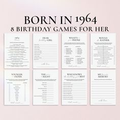 the birthday games for her are shown in black and white, with text that reads born in