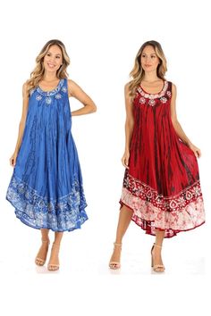 Features embroidered floral pattern at neckline and bottom hem, with handmade wash and pattern with a comfortable draped fit. Lightweight rayon fabric makes this dress also a great coverup for the beach or any occasion. Sleeveless Embroidered Sundress, Sleeveless Embroidered Dress For Vacation, Embroidered Sleeveless Sundress For Beach, Casual Embroidered Sleeveless Sundress, Bohemian Embroidered Sleeveless Sundress, Bohemian Embroidered Sleeveless Dress, Caftan Dress, Dress Cover, Embroidery Dress