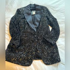 Brand New, Tags On, Tuxedo Blazer In Xs. Fit Runs Generous As I Am A Small And Needed To Go Down A Size. Chic Embellished Outerwear For Party Season, Chic Sequined Outerwear For Evening, Elegant Blazer For Night Out And Party Season, Chic Sequined Evening Outerwear, Chic Embellished Winter Blazer, Chic Embellished Blazer For Fall, Elegant Embellished Outerwear For Night Out, Elegant Evening Blazer For Holidays, Fitted Luxury Blazer With Sequins