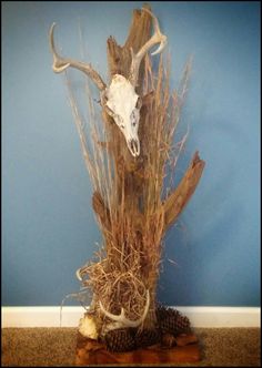 an animal skull is mounted on top of a tree trunk with branches and pine cones