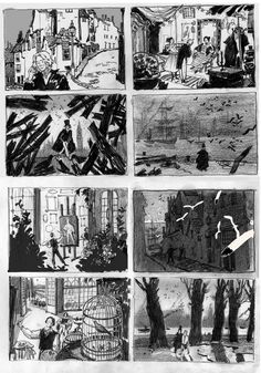 the storyboard shows several different scenes in an old time town, with people walking around and