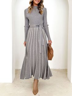 Buy Inexpensive Sweater Dresses at Stylewe online store, SPU: 13SW8GC99A, Color: Gray, Neckline:Stand Collar, Sleeve Length:Long Sleeve. Leopard Maxi Dress, Fashion Black And White, Dress Name, Belted Sweater, Sweater Maxi Dress, Pullover Mode, Elegant Sweater, Grey Midi Dress, Daytime Dresses