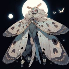 a drawing of a butterfly with feathers on it's wings and the moon in the background