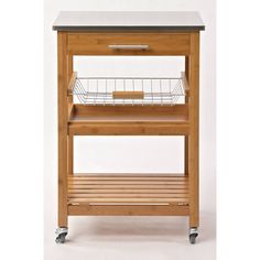 a wooden kitchen cart with a basket on the top and two shelves below it, against a white background