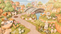 a painting of a garden with lots of flowers and plants on the ground next to a bike