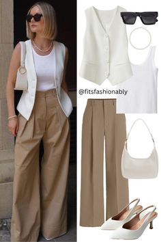 A perfect casual summer work outfit combines comfort with style, creating a look that is both professional and trendy. Start with a pair of coffee-colored wide-leg trousers, which are ideal for staying cool and comfortable in warmer weather. These trousers offer a chic and sophisticated foundation for your ensemble! Beige Trousers Summer Outfit, Chic Trendy Outfits, Classic Color Combinations Outfits, White Suit Outfit Woman, Clothes Combinations Ideas Outfits, Vest And Trousers Outfit Women, Beige And White Outfits For Women, Office Casual Outfit Summer, Cute Professional Outfits Casual